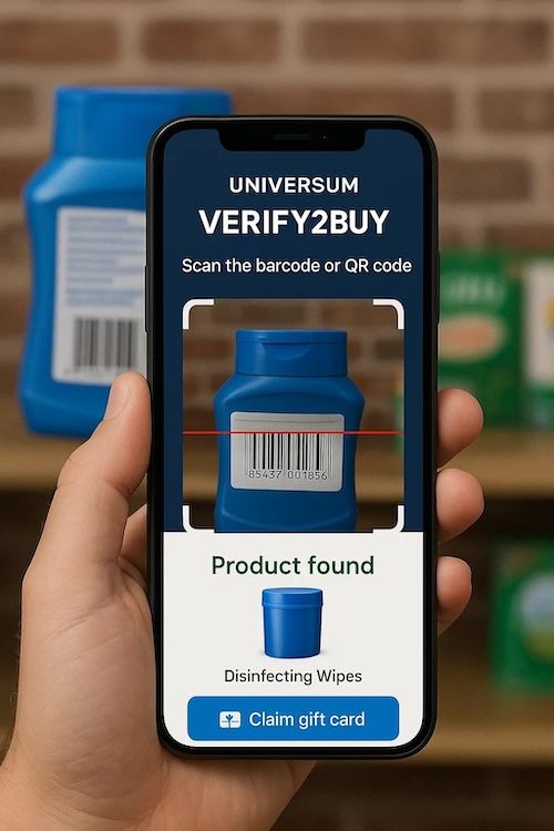 Verify2Buy app scanning a barcode and showing product found